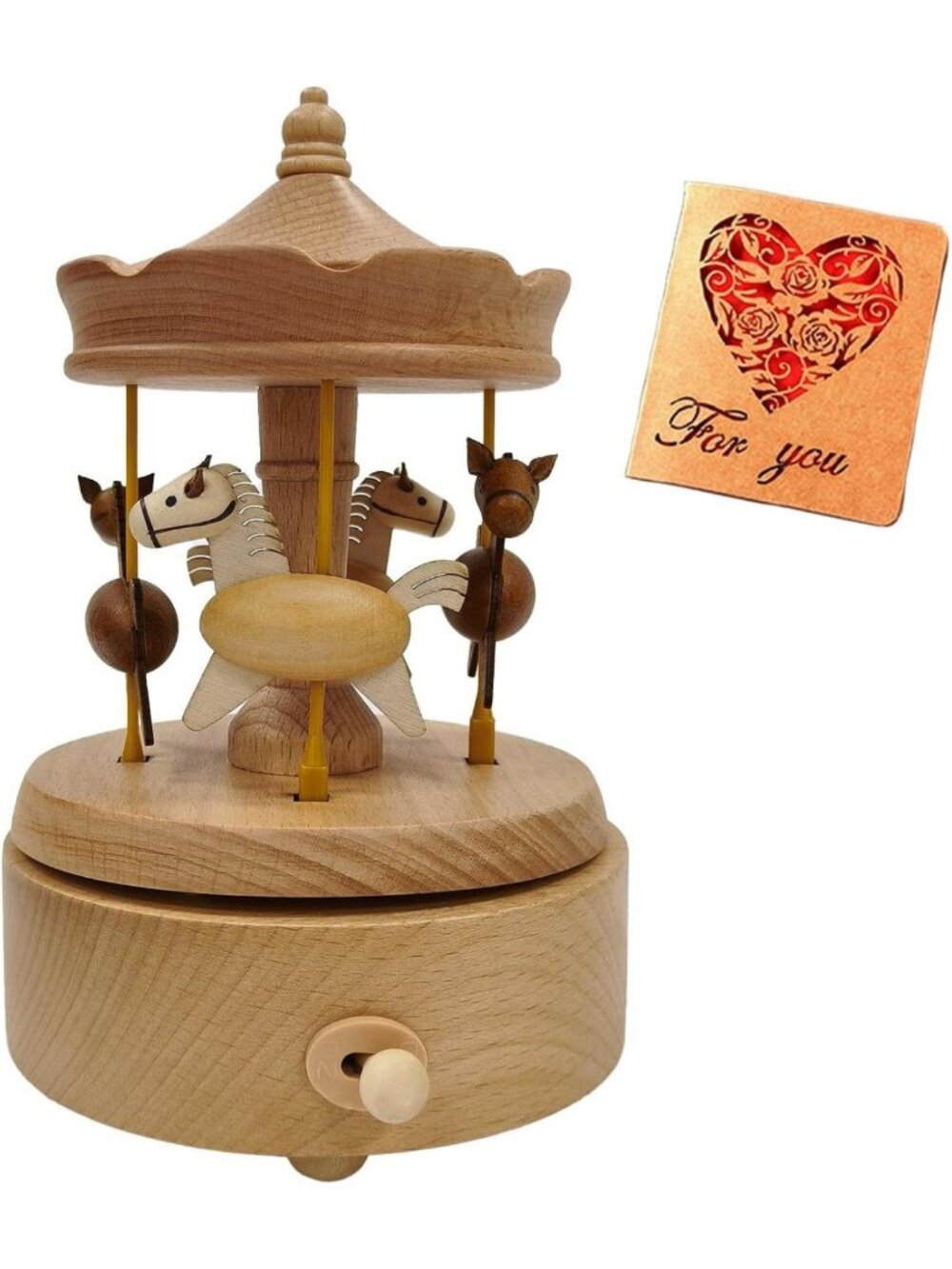 Wooden Carousel Music Box with Moving Horses, Rotating Wind-Up Decor